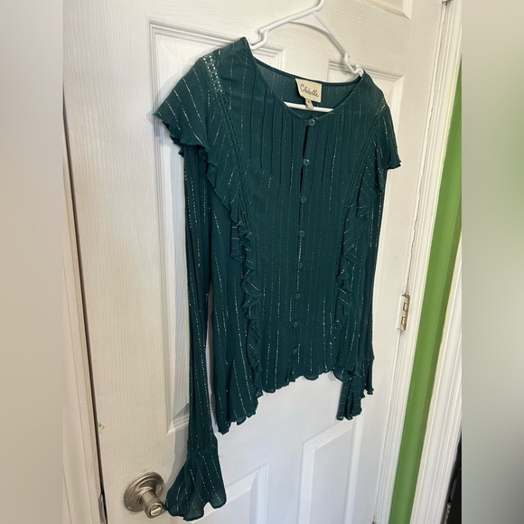 Cleobella Emerald Green Long Sleeve Metallic Striped Ruffle Blouse Size Medium - Picture 5 of 12
